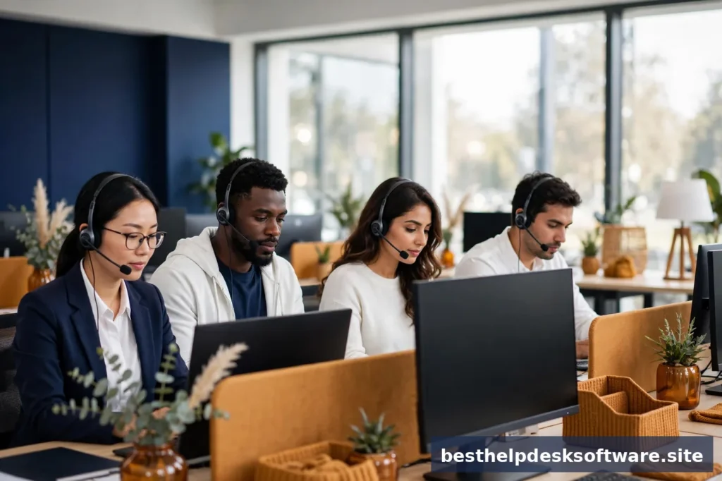 Diverse customer support team wearing headsets at desks in a bright modern office with navy walls and amber accents