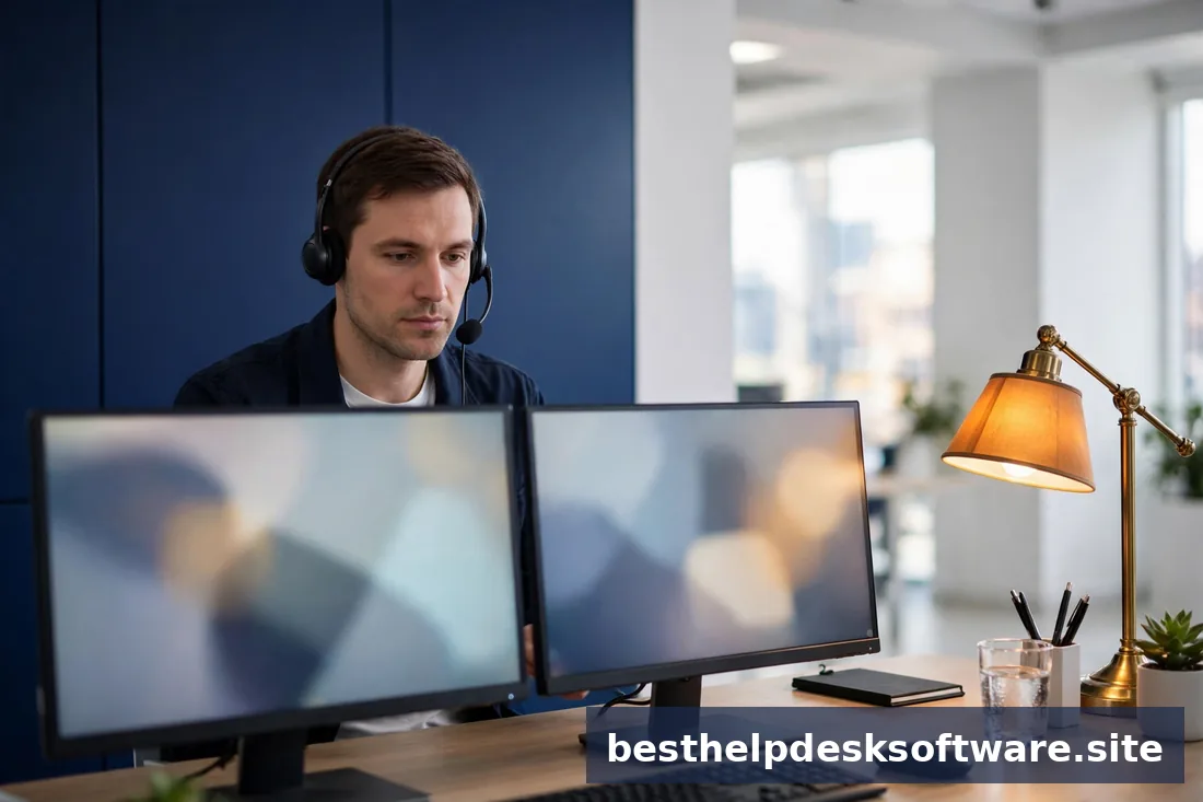 Support agent reviewing a ticketing queue on a monitor, bright office, navy and amber accents