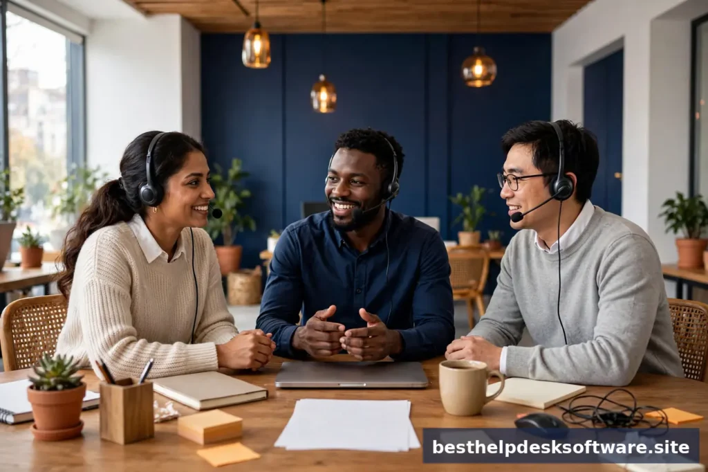 Diverse customer support team wearing headsets at desks in a bright modern office with navy walls and amber accents