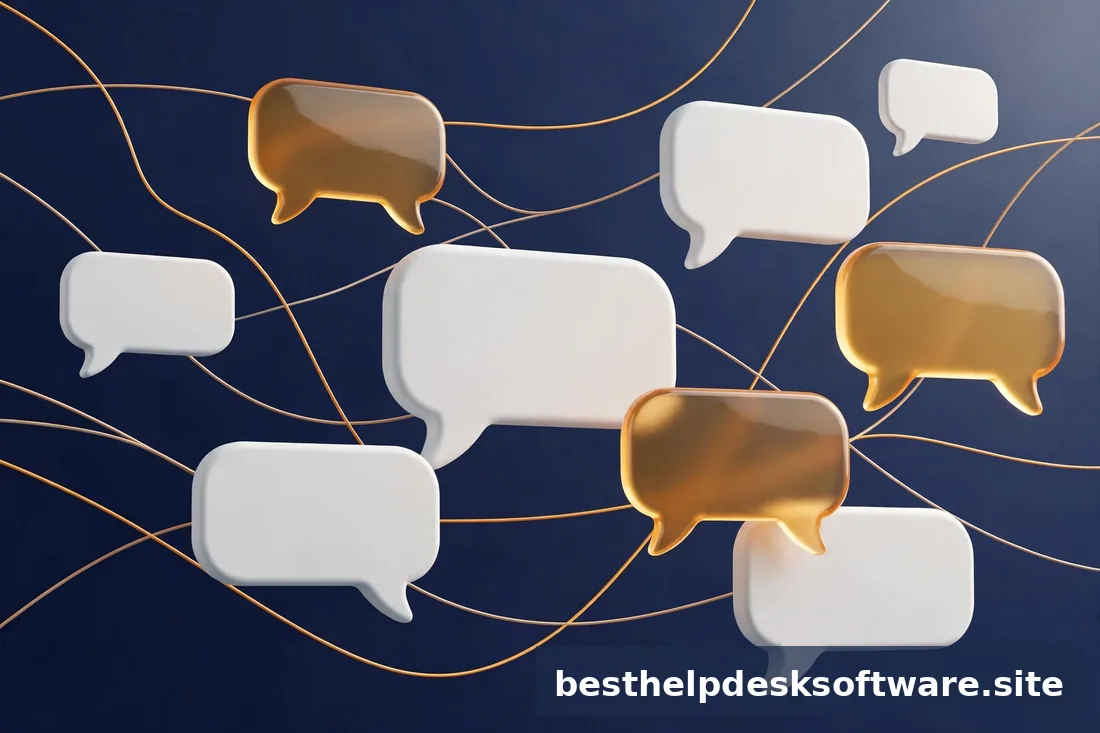 Abstract 3D illustration of chat bubbles flowing into a single inbox in navy and amber on a clean white background