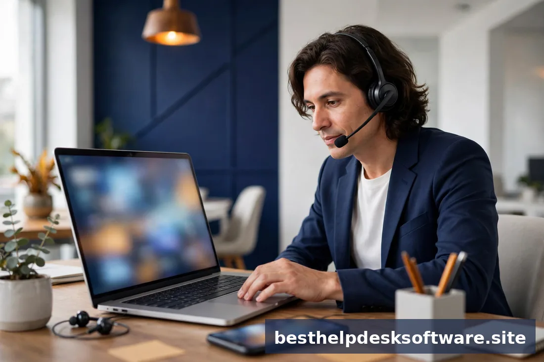 Support agent answering live chat messages at a bright desk, bright office, navy and amber accents