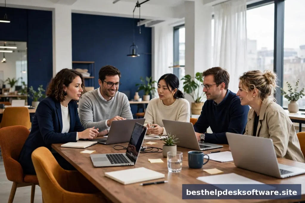 Diverse customer support team wearing headsets at desks in a bright modern office with navy walls and amber accents