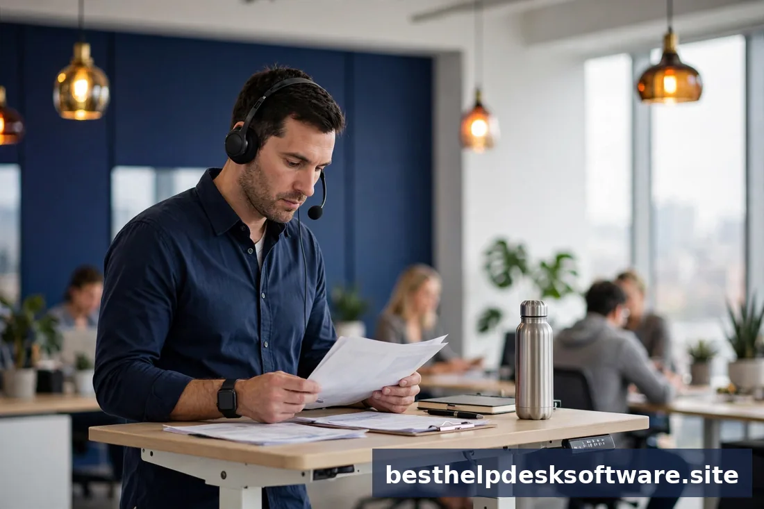 Support agent viewing a CRM timeline on a large monitor, bright office, navy and amber accents