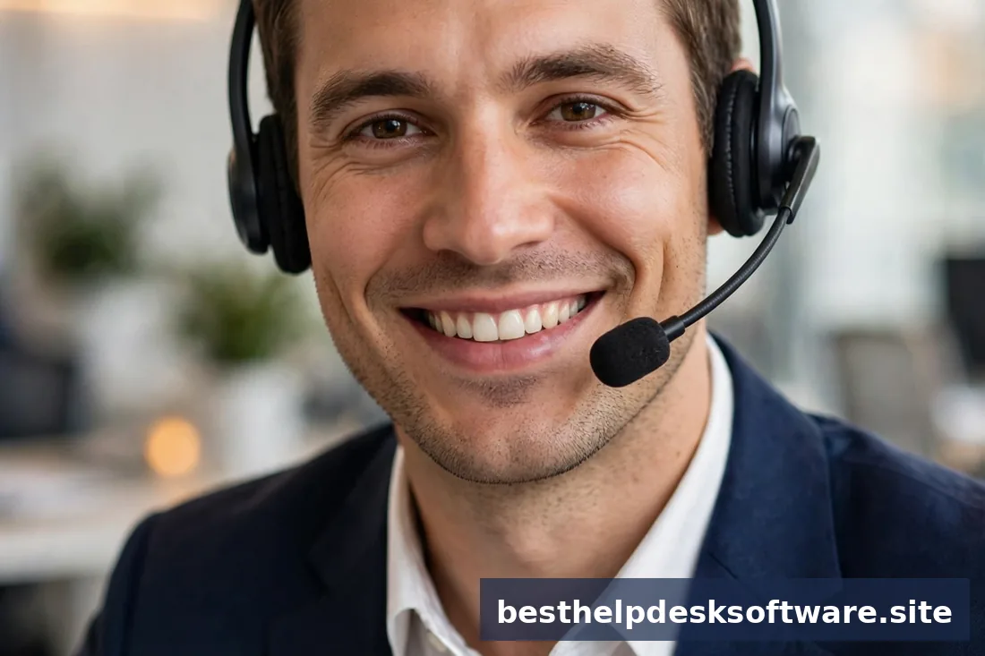Support agent smiling while resolving tickets at a tidy desk, bright office, navy and amber accents