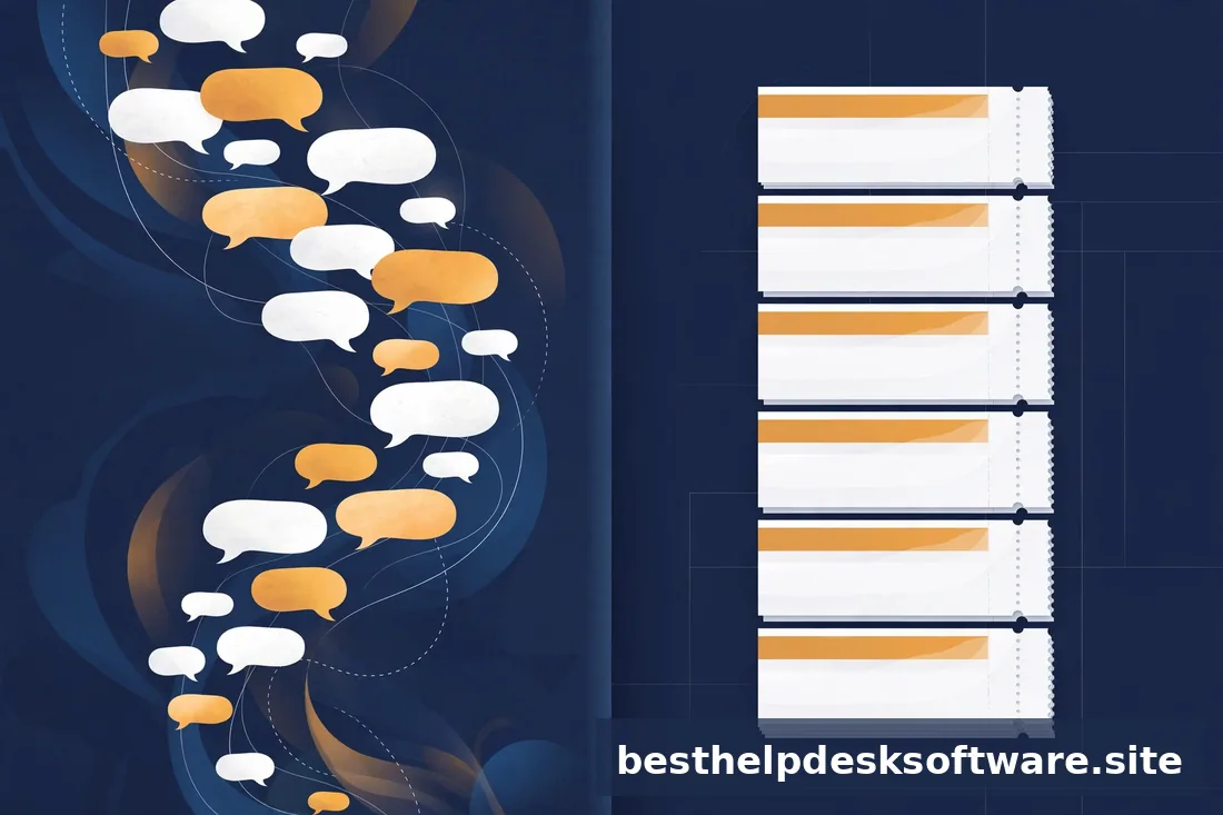 Abstract 3D illustration of messenger window beside an omnichannel hub in navy and amber on a clean white background