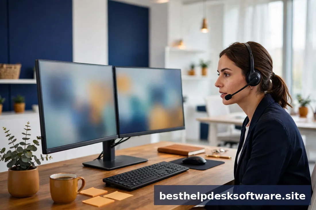 Support agents handling chat and email side by side, bright office, navy and amber accents