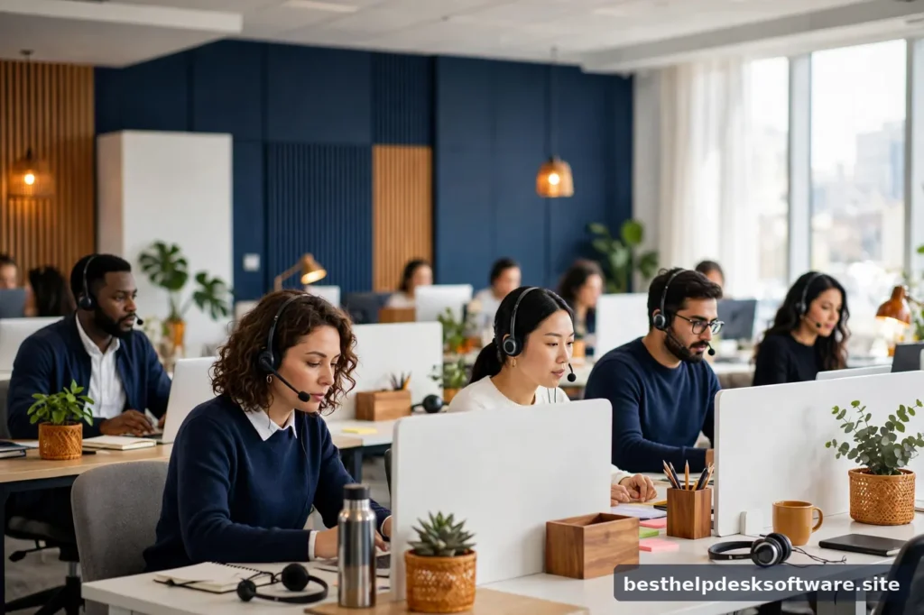 Diverse customer support team wearing headsets at desks in a bright modern office with navy walls and amber accents