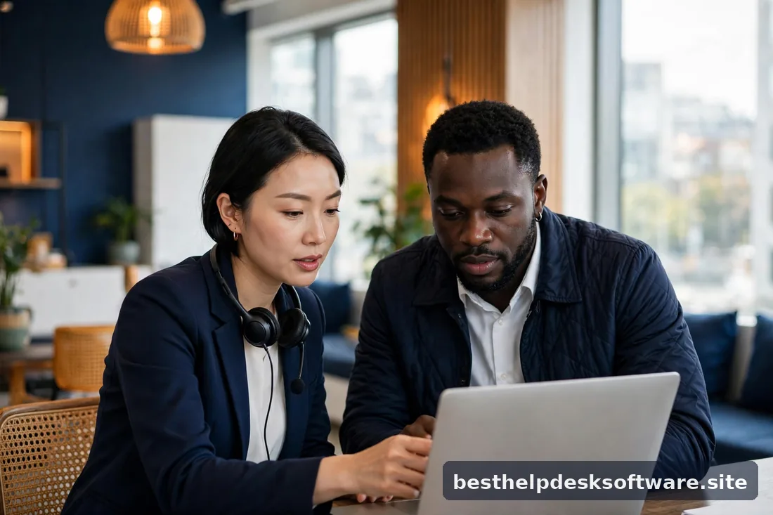 Operations manager mapping CRM and support workflows, bright office, navy and amber accents
