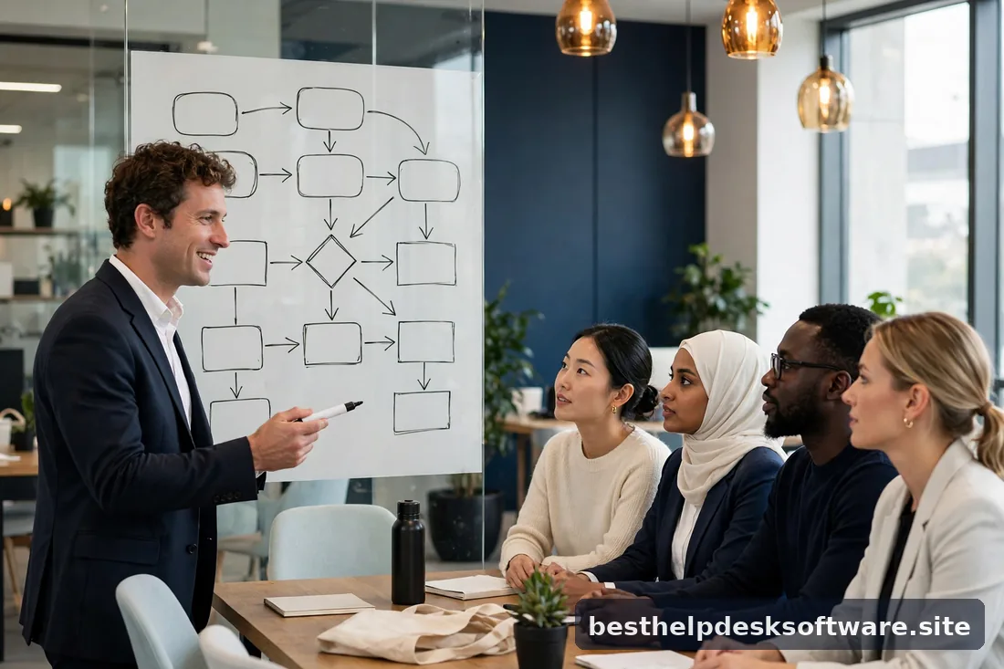 Buyer studying a pricing-model diagram on a monitor, bright office, navy and amber accents