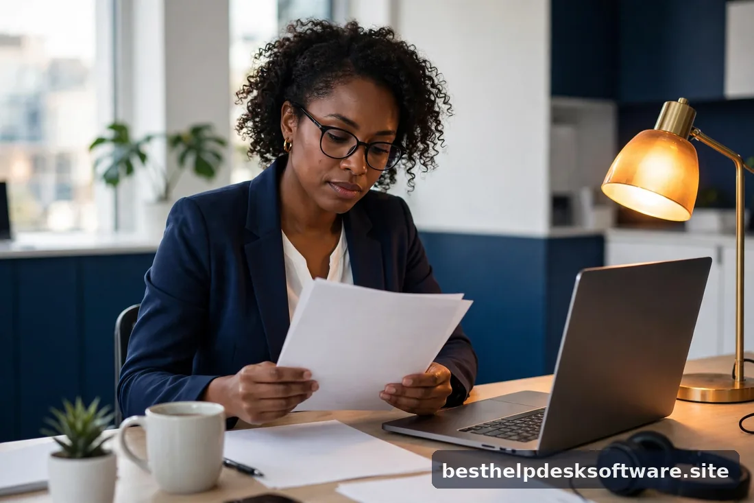 Manager auditing a software invoice with a highlighter, bright office, navy and amber accents
