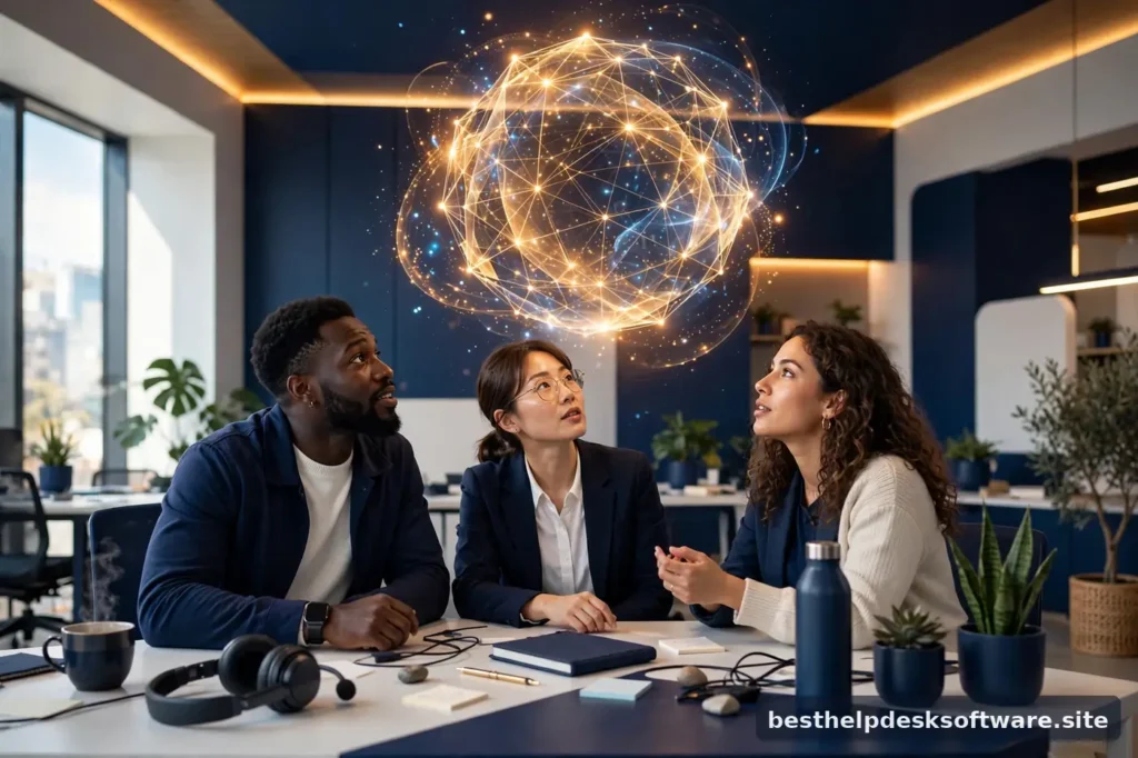 Diverse customer support team wearing headsets at desks in a bright modern office with navy walls and amber accents