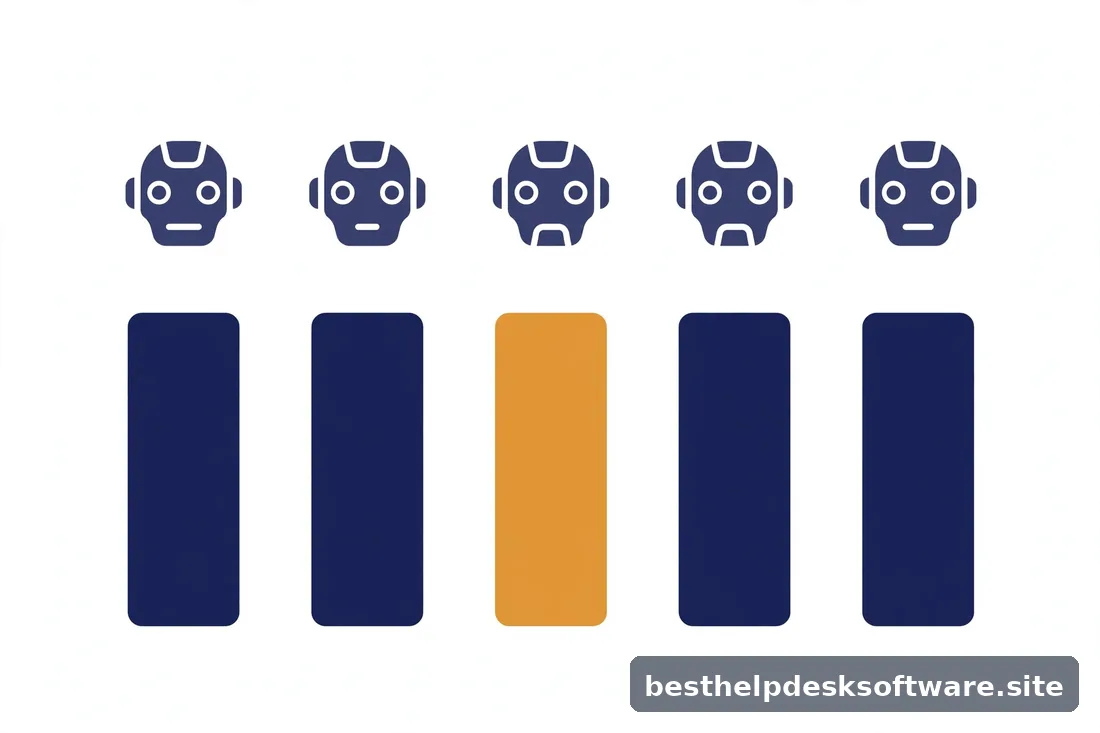 Abstract 3D illustration of robot assistant beside a human agent headset in navy and amber on a clean white background