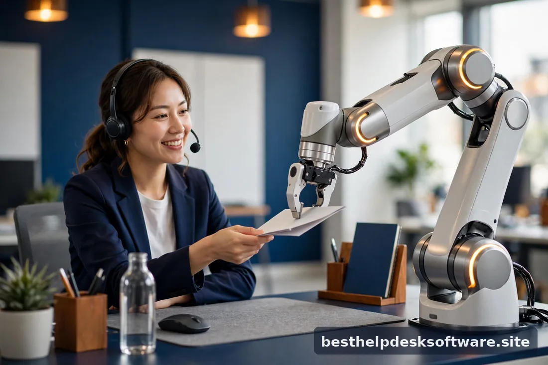 AI specialist monitoring an automation dashboard, bright office, navy and amber accents