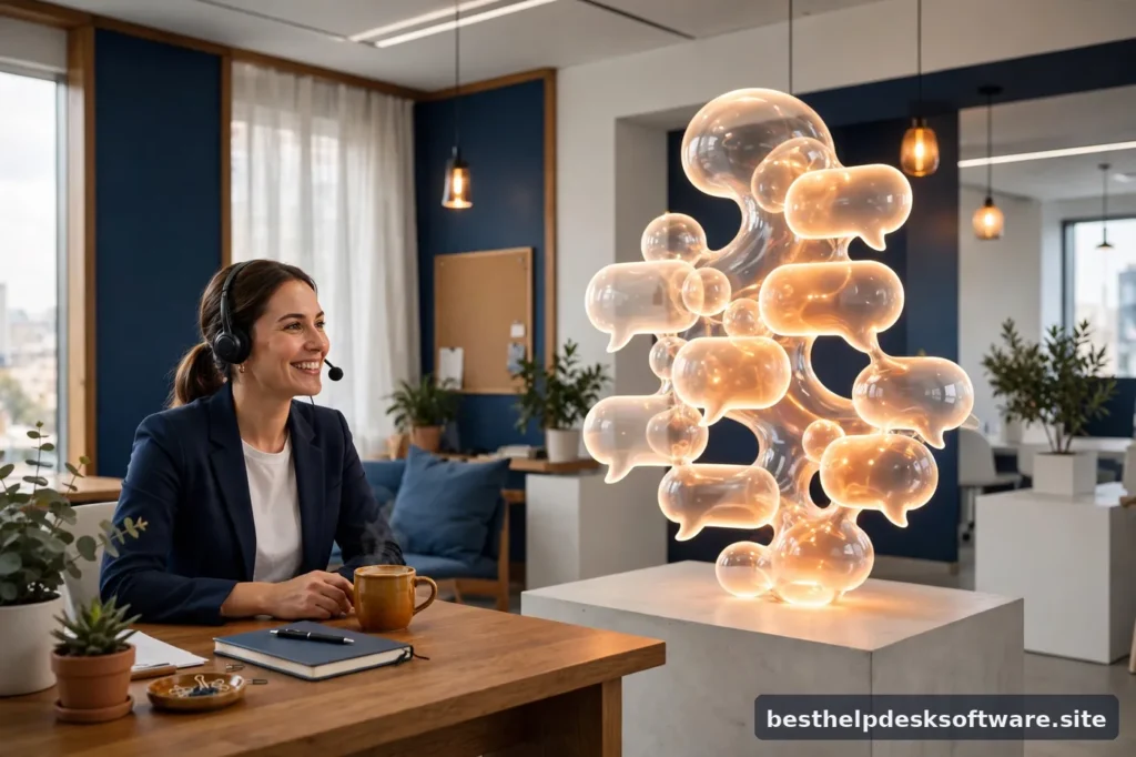 Diverse customer support team wearing headsets at desks in a bright modern office with navy walls and amber accents