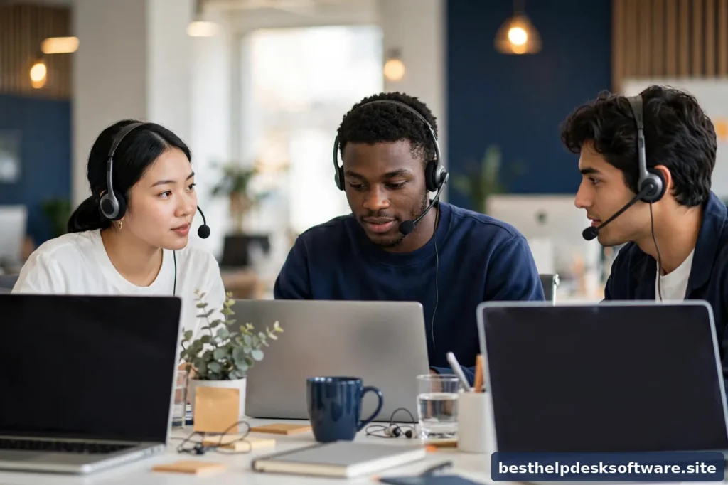 Diverse customer support team wearing headsets at desks in a bright modern office with navy walls and amber accents