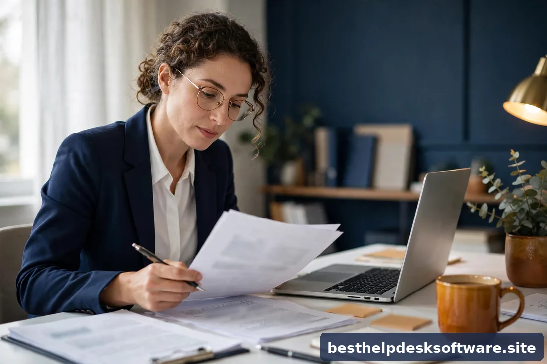 Procurement lead reviewing year-end software contracts, bright office, navy and amber accents